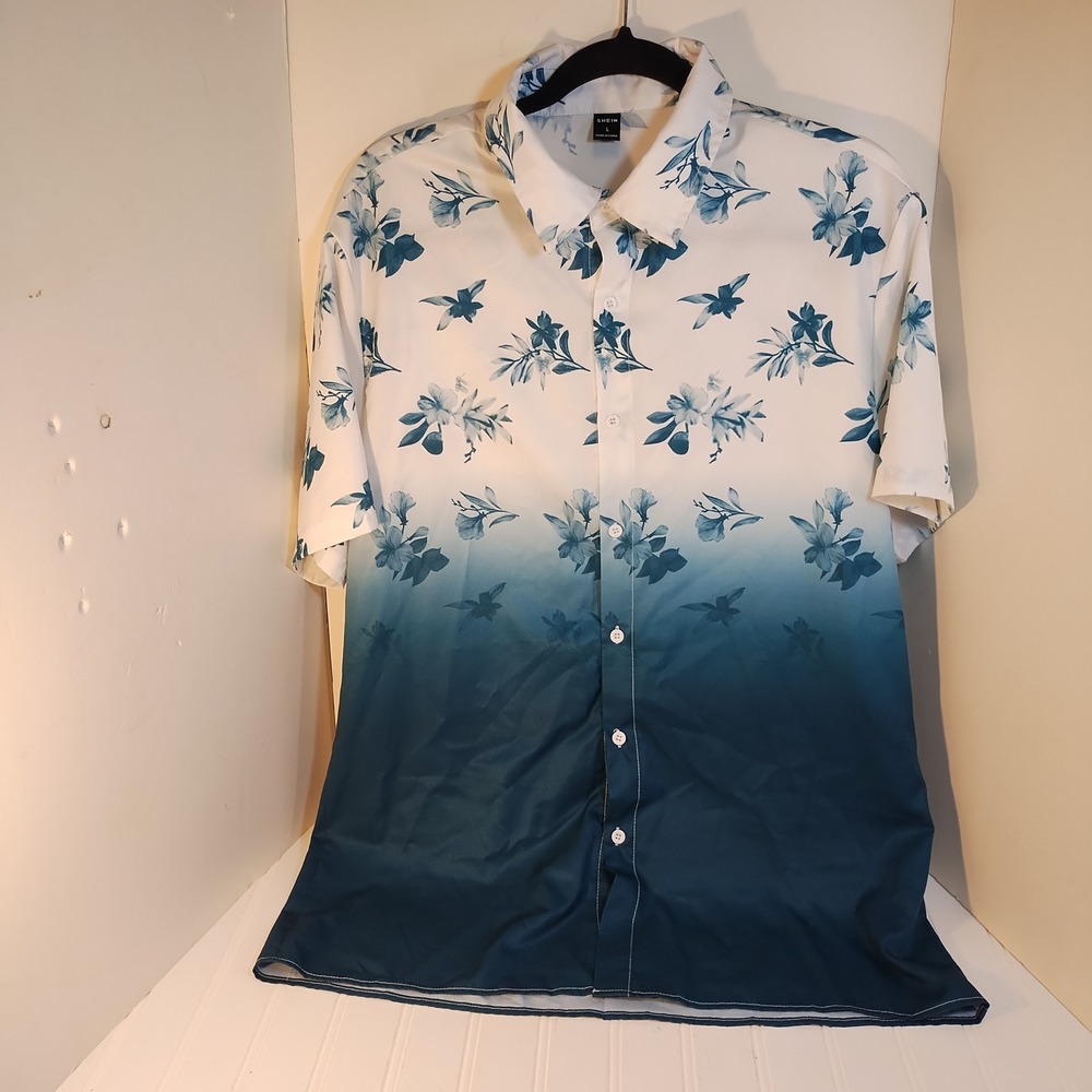SHEIN Mens Large Floral Ombre Short Sleeve Button Down Shirt Blue White Hawaiian
